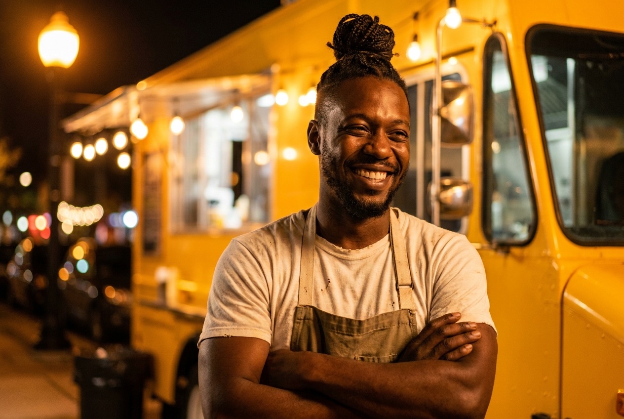 Le chef Émile Toussaint devant son camion jaune, le soir