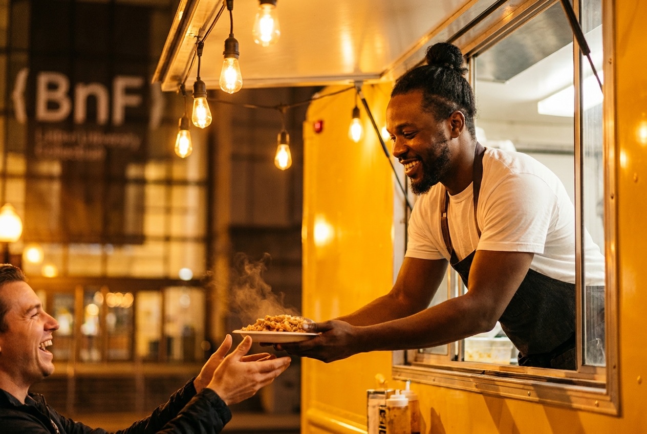 Le chef tend une assiette fumante à un client, le sourire aux lèvres