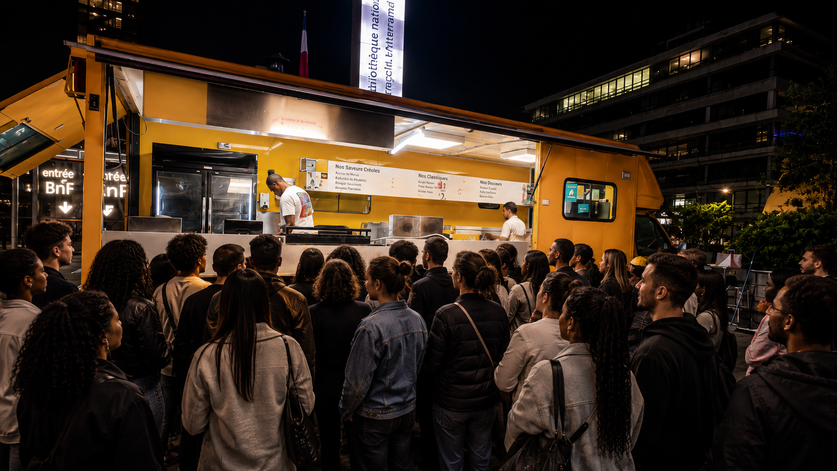 La file devant le food truck Ti'Étoile, la nuit